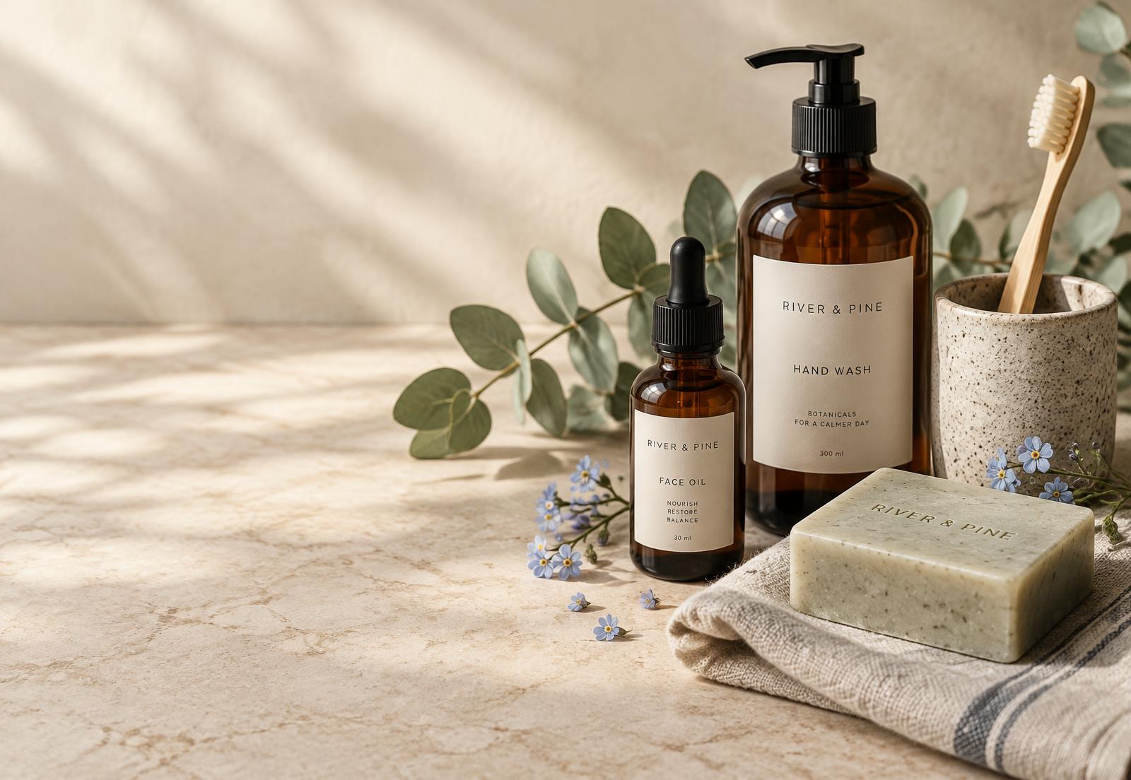 Natural toiletries with eucalyptus and forget-me-not flowers